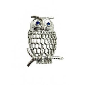 Vintage Silver-Tone Brooch Blue Eyes Owl Bird Pin Openwork